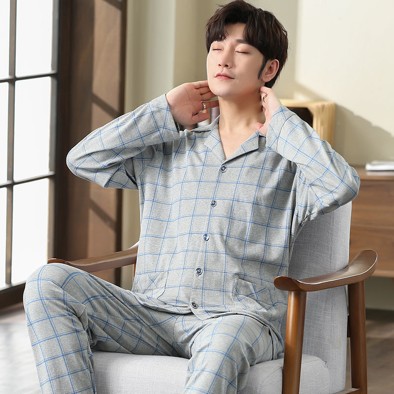 Men Pajamas Sets Full Pure Cotton Pyjamas Sleepwear Nightwear Underwear Long Sleeve Printed Plaid Casual Spring Autumn Winter