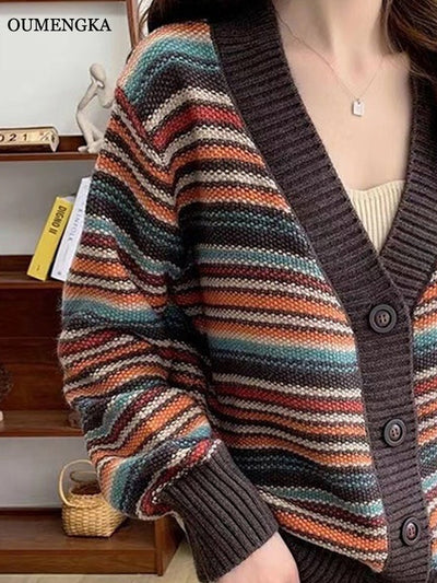 OUMENGKA Colorful Strip Autumn Winter Cardigan Long Sleeve Single Breasted Contrast V-Neck Button Good Quality Knitted Sweaters