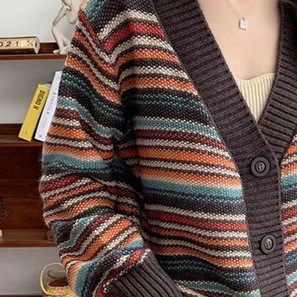 OUMENGKA Colorful Strip Autumn Winter Cardigan Long Sleeve Single Breasted Contrast V-Neck Button Good Quality Knitted Sweaters