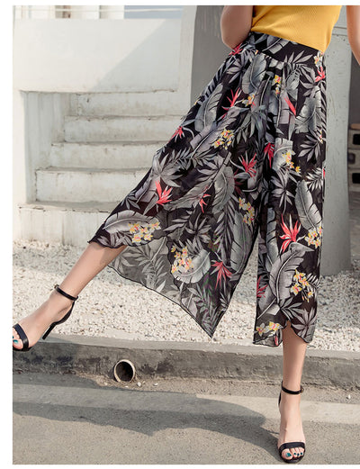 2021 Summer New Women Wide-leg Pants Floral Printing Chiffon Pants Plus Size Boho Slit Flare Pants Pantalones Mujer M-5XL