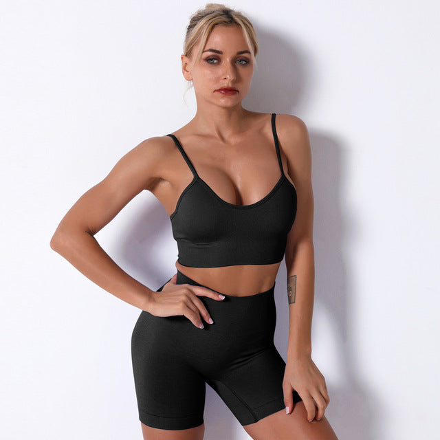 Women&#39;s Sportswear Yoga Set Workout Clothes Athletic Wear Sports Gym Legging Seamless Fitness Bra and Shorts 2 Pieces Yoga Suit