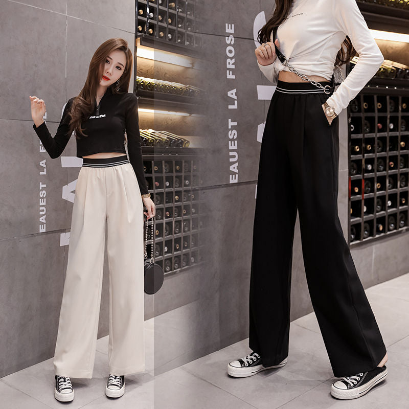 2021 New Spring Autumn Women Personality Elastic High Waist Patchwork Trousers Female Fashion Wide Leg Loose Pleated Pants O208