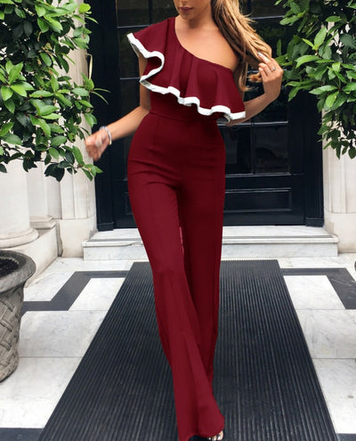 AHVIT Solid Color Ruffles One Shoulder Sexy Women Jumpsuits Sleeveless Slim Fit Fashion Elegant Party Romper YL2511