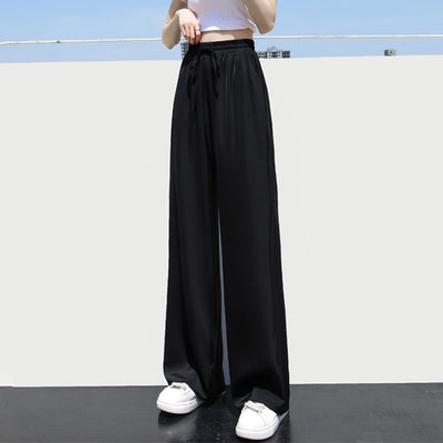 Unireal 2022 Spring Summer Women Wide Leg Pant High Waist Thin Drawstring Sweet Pink Casual Satin Palazzo Pant Trousers