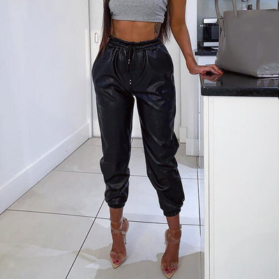 Fashion Women Faux Leather High Waist Elastic Trousers Casual Streetwear Pants