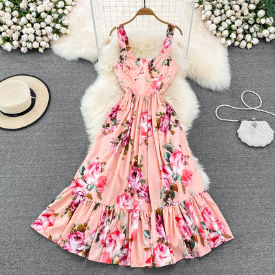 Sweet Floral Dress For Women Summer Chic Sleeveless A Line Long Dress Lady Elegant Party Holiday Strap Dress High Waist Vestido