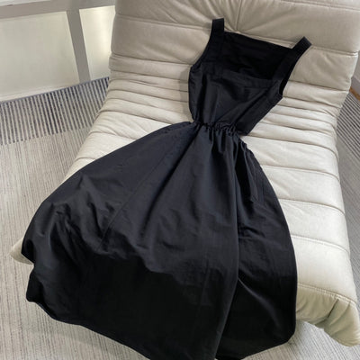 4.15 KlasonBell Sleeveless Hollow Out Waist-Revealing Drawstring Suspender Temperament Black Long Dress Women