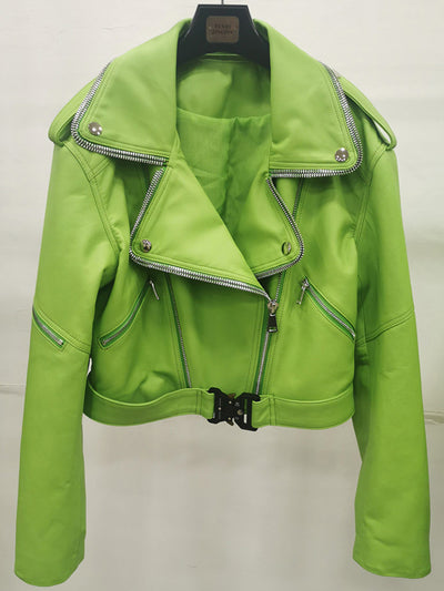Lautaro Autumn Short Green Soft Faux Leather Biker Jacket Women Long Sleeve Zipper Belt Designer European and American Fashion