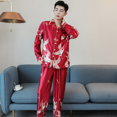 New Luxury  Pajamas Men Birds Pattern Sleepwear Silk Long-sleeved Satin Male Winter Men Lounge Pajamas Set Plus Size 4XL