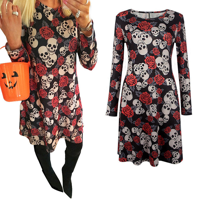 Adult Women Halloween Rose Skull Skeleton Print Costume Horror Long Sleeve Pullover Shirt Dress Female Scary Clothes For Ladies