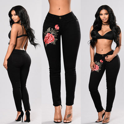 Stretch Jeans For Women Elastic Flower Jeans Ladies Pencil Denim Pants Hole Ripped Pantalon Rose Embroidered Pattern Jeans Femme