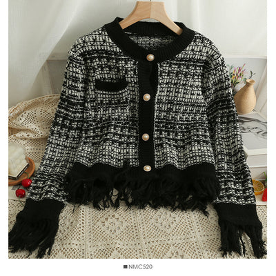 Gaganight Women Plaid Loose Thin Single breasted Cardigan Sweater 2022 Autumn Women's O neck Tassel Long sleeved Knitted Sweater