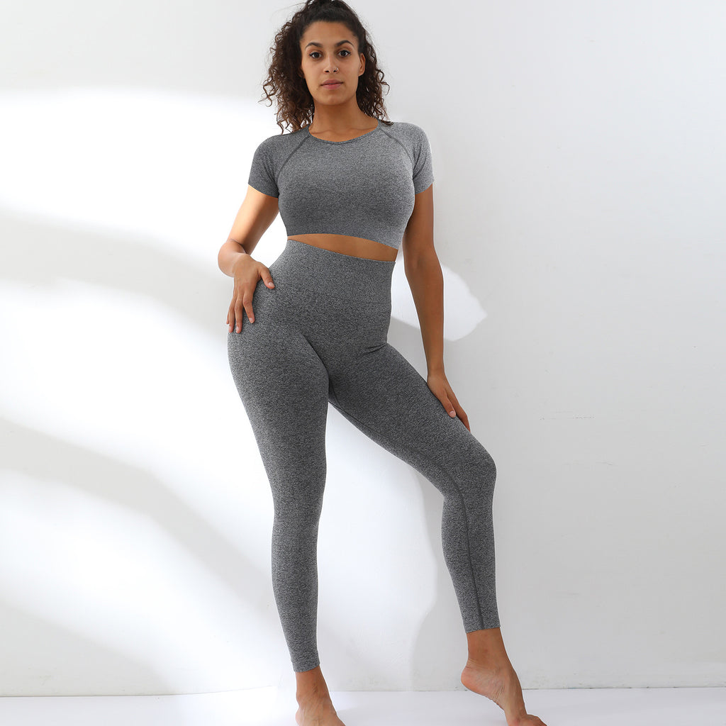 Stretchy Sportswear Yoga Set Women Seamless Fitness Suits Running Outfits High Waist Gym Workout Pants &amp; Short Sleeve T-shirts
