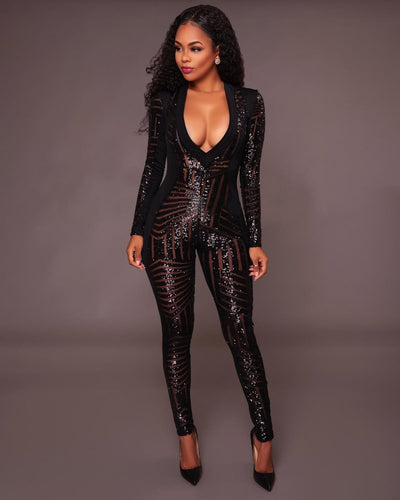 AHVIT Glitter Sequined Mesh Patchwork See Through Jumpsuits Deep V Neck Full Sleeve Skinny Party Romper Sexy Catsuit CM252