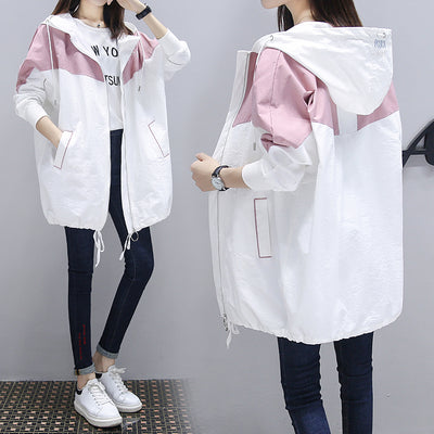 Spring windbreaker new women loose slimming splice contrast color large size long-sleeved casual hooded trench coat D340