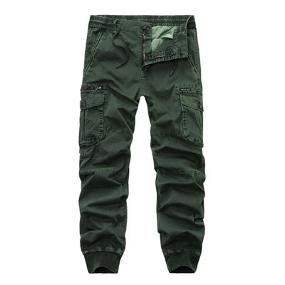 Spring Linen Men Cargo Pants Solid Color Zipper  Multi Pockets Drawstring Elastic Waist Streetwear Bottoms Ankle Tied Trouser