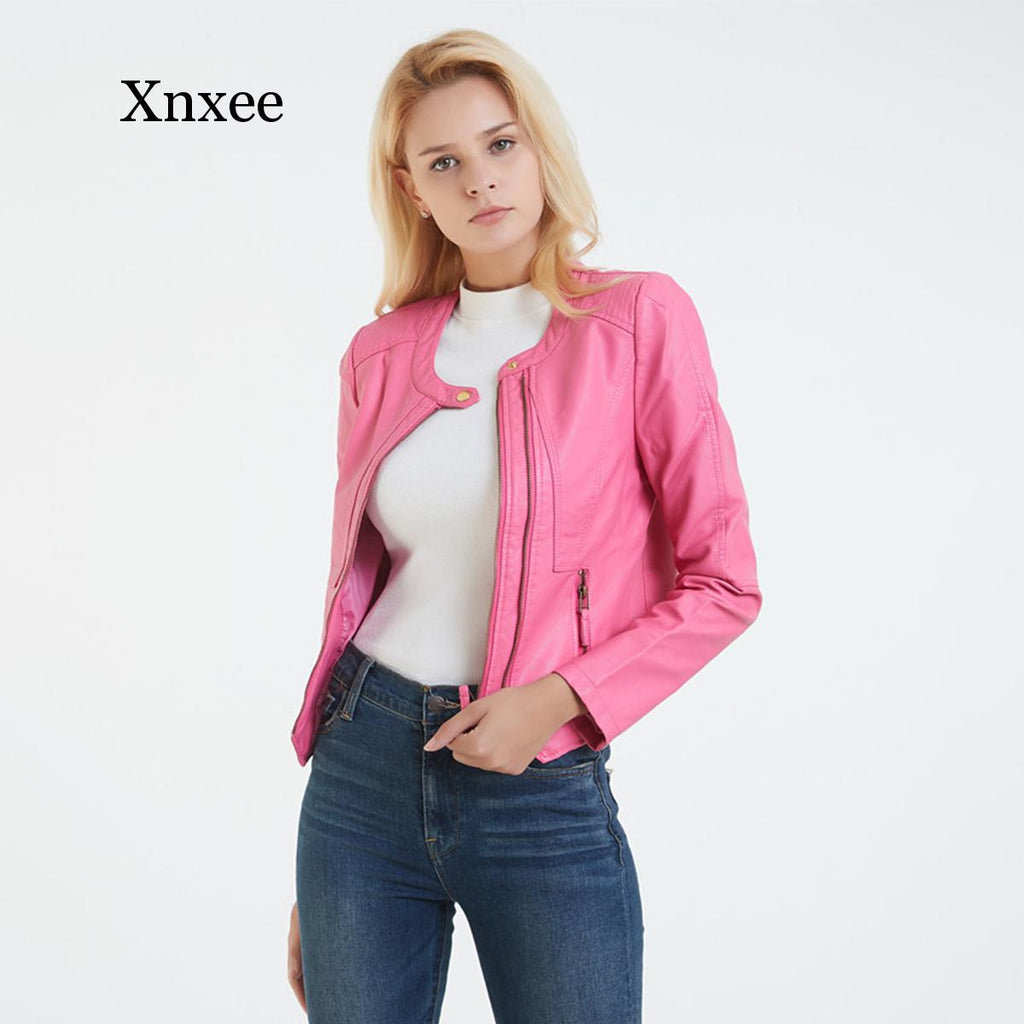 pink 2021 Autumn Women Moto Faux Leather Jacket Black Pink Double Chains Long Sleeves Jackets Vintage Chic Cool PU leather Coats