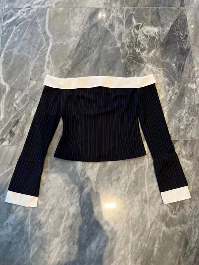 Women Vintage Sexy Slim Striped Top Slash Collar long sleeve fashon lady T-shirt