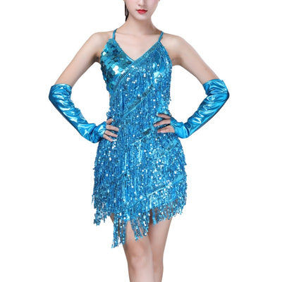 Women's Lace Latin Dance Wear Sexy Sequined Sling Halter Latin Dance Dress Tassel Costume Mini Dance Dress