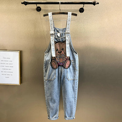 Spring and Autumn New Women's Diamond Bear Denim Overalls Jeans Female Korean-Style Loose Slimming and Fashionable Rompers Jeans