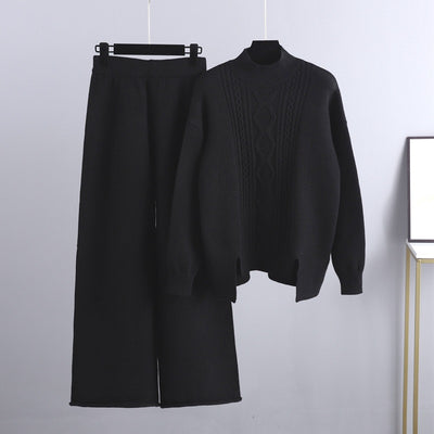 Autumn Winter Knitted Sweater Set Women 2022 Turtleneck Split Pullovers Elastic Waist Wide Leg Pants 2 Piece Set Thick Warm Suit