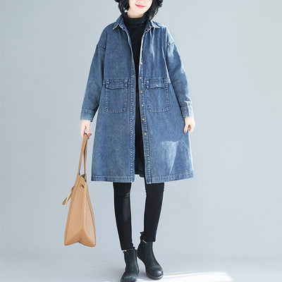Denim Trench Coat For Women Spring Autumn New Vintage Long Coat Female High Waist Vertical Breasted Mujer Chaqueta Jeans K181