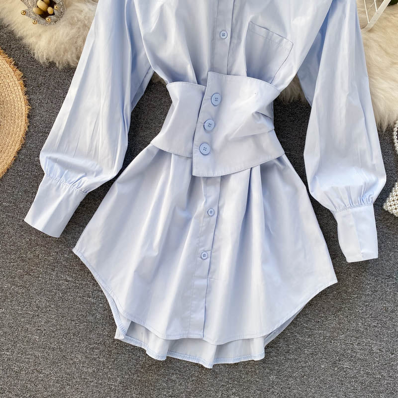 Womens Spring Long Sleeve Casual Dress Fashion Novelty Slim Single-breasted Shirt-style Irregular Dress White Blue Black