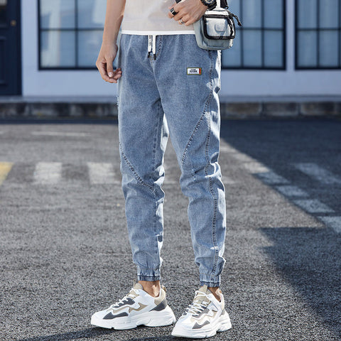 Spring Summer Drawstring Designer Clothes Men Denim Jeans Stylish Male Jeans Casual Cargo Blue Boyfriend Haren Cropped Trousers