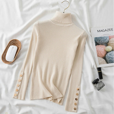Turtleneck Sweater Pullover Women Solid Fall Winter 2021 Female Sweaters Slim Warm Jumpers Button Long Sleeve Ladies Pull Femme