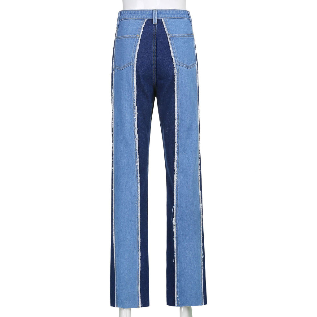 Two Tone Jeans Women Spring Fashion Slim High Waist Blue Patchwork Jeans Female Casual Loose Tassel Wide Leg Pants Streetwear