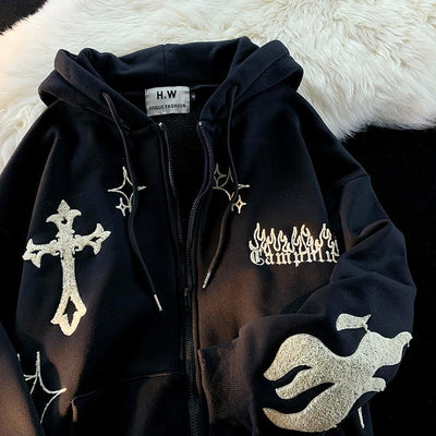 New American flame embroidery zipper Hoodie cardigan Harajuku casual style retro letters loose street wear long sleeve blouse