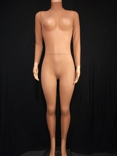 Bar Sexy Transparent Stage Wear DJ Dancer Show Pole Dance Performance Costume Tan Nude Mesh Jumpsuit Stretch Skinny Leotard