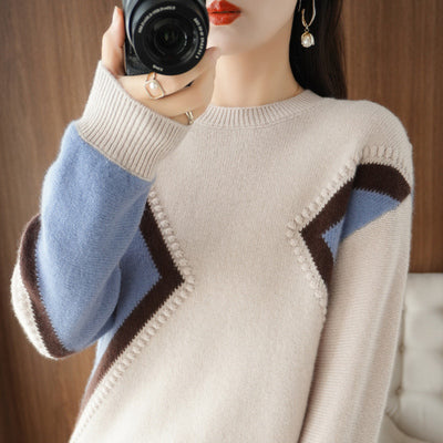 Casual loose women&#39;s  pure wool O-neck sweater color matching knitting long sleeve pullover women&#39;s cashmere sweater hot new