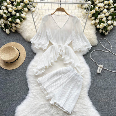 FTLZZ Summer Casual Women Suits Female Two Piece Set Flare Sleeve Ruffled Asymmetric Chiffon Tops and Elastic Waist Loose Shorts