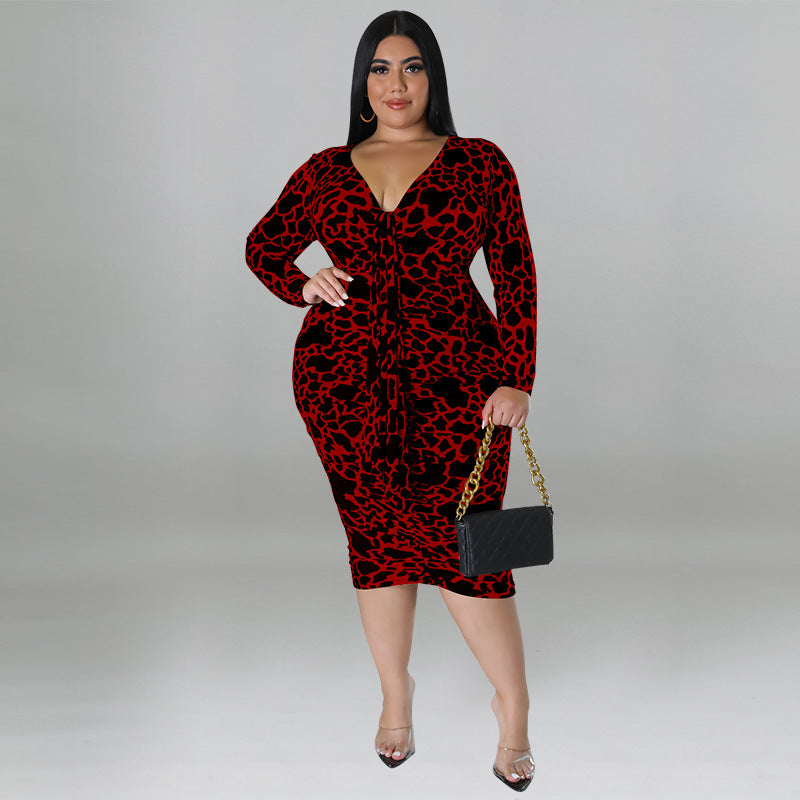 XL-5XL Plus Size Dresses For Women Clothing Fall Sexy Leopard Long Sleeve V Neck Hip Wrap Lady Outfits Dropshipping Wholesale