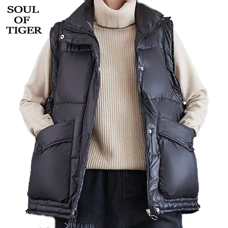 SOUL OF TIGER Womens 2021 Winter Loose Zipper Vintage Vest Korean Style Casual Solid Design Waistcoats Padded Sleeveless Clothes