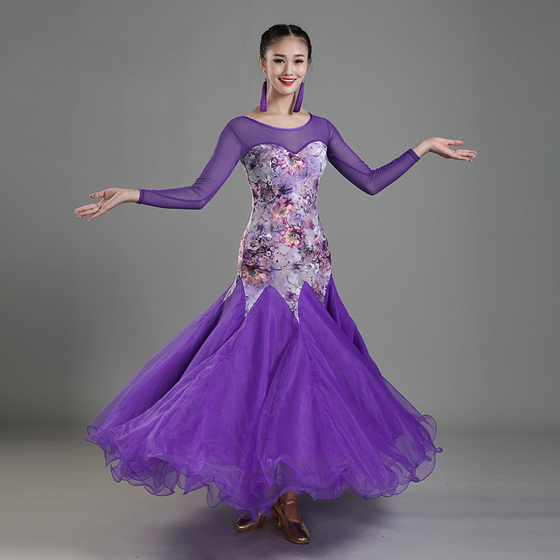 Sexy Printing Long Sleeved Women&#39;S Ballroom Dance Competition Dresses Standard Modern Tango Waltz Foxtrot Performance DWY2194