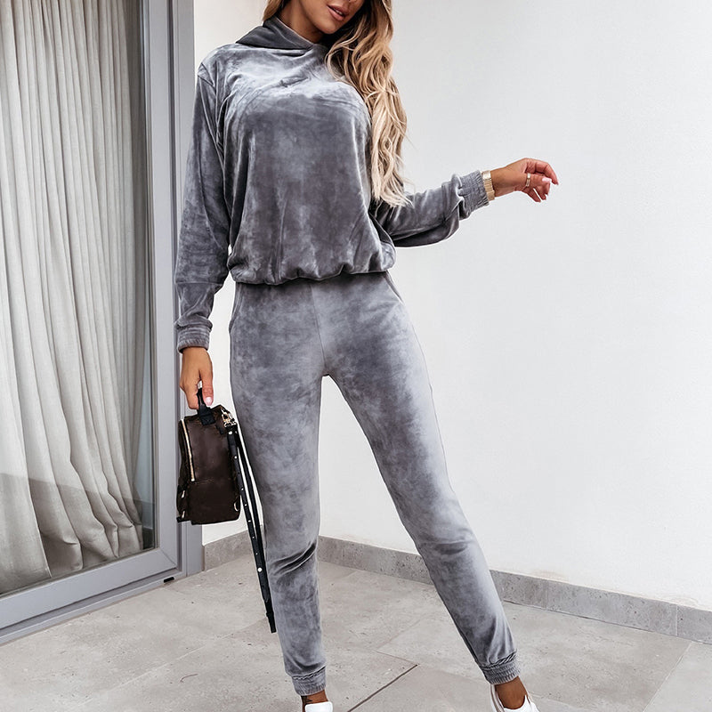 Women Hooded Tops Long Pants Two Piece Set Casual Solid Streetwear Pants Matching Suit Female Elastic Waist Trousers Autumn Sets