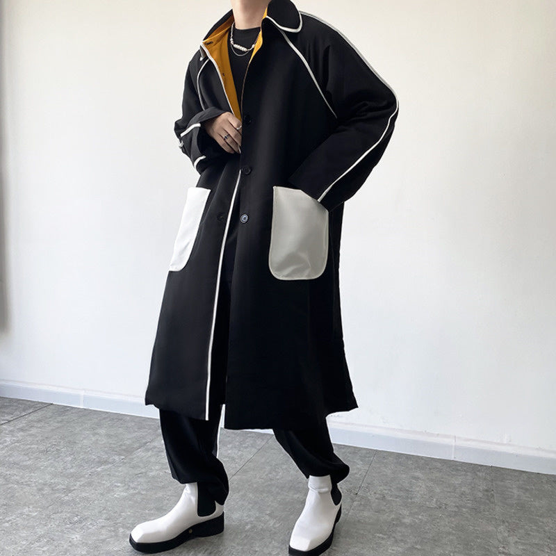 Autumn Menswear Personality Color Block Spliced Pockets Long Trench Coat Lapel Men&#39;s Windbreak Korean Retro Coat With Belt