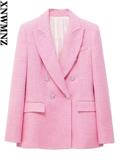 XNWMNZ 2022 Women's Fashion Autumn Pink Textured Double Breasted Suit Jacket Woman Casual Long Sleeve Pockets Female Chic Blazer