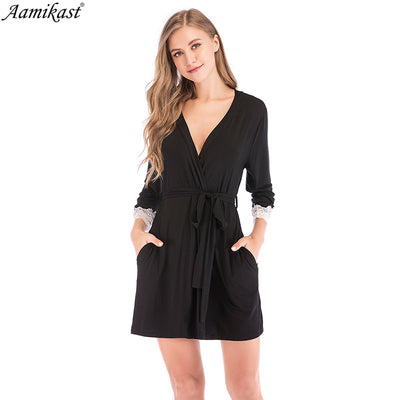 Women&#39;s Bathrobe Nightdress Spring Autumn Cardigan Modal Lace Sexy Seven Points Sleeve Nightgown Sleepwear Sleep Tops Bathrobe