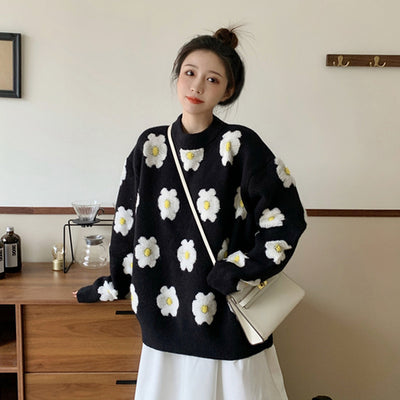 Women Sweater 2021 New Autumn Korean Fashion Casual All-match Retro O Neck Flower Pattern Design Loose Pullover Knitted Sweater