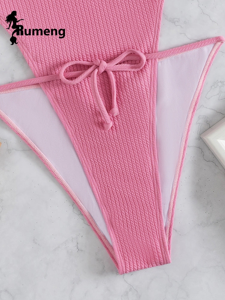 Rumeng 2022 New Sexy High Split Hollow Out Bikini Pink One-piece Bandage Beach Swimsuit Hot Spring Swimwear