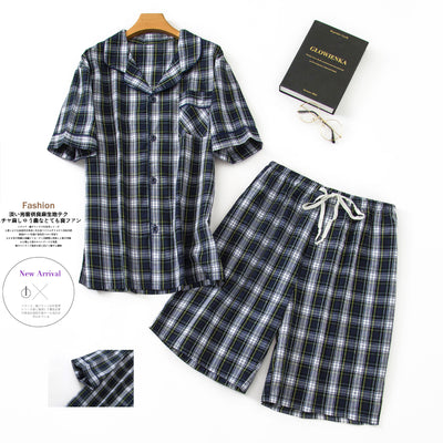 2022 Summer Men Casual Plaid Pajama sets Male  Cotton Sleepwear suit Men&#39;s short sleeve Cardigan shirt &amp; Half Pants Homewear