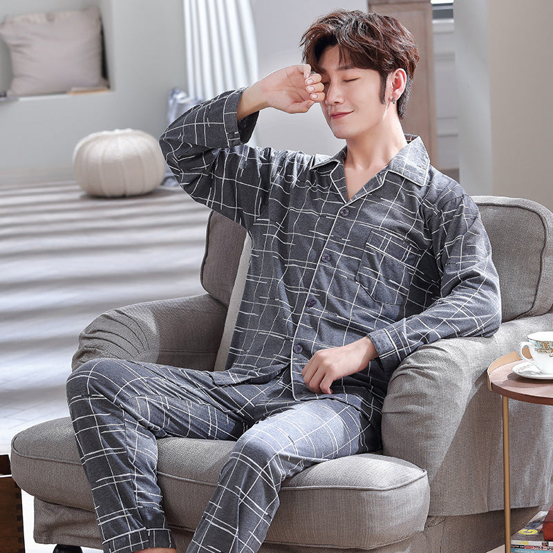 Pajama Sets Men Sleepwear Casual Simple Loungewear Plaid Soft Home Wear Turn-down Collar Long Sleeve Breathable Spring Autumn