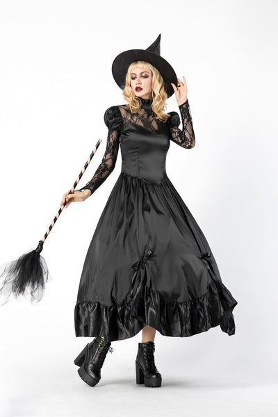 Free shipping 2021 New Women Halloween Costumes Witch Black Lace Long Dress Adult Cosplay Role Play Witch Costume