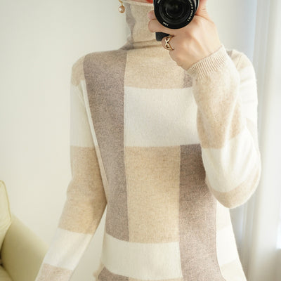 Autumn and winter Cashmere new women's high-neck all-match Slim color matching knitted long-sleeved pullover  wool sweater