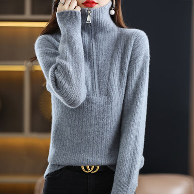 Autumn And Winter New High-Neck Zipper Pullover Knitted Women's Long-Sleeved Solid Color Korean Version Of The Pure Wool Sweater