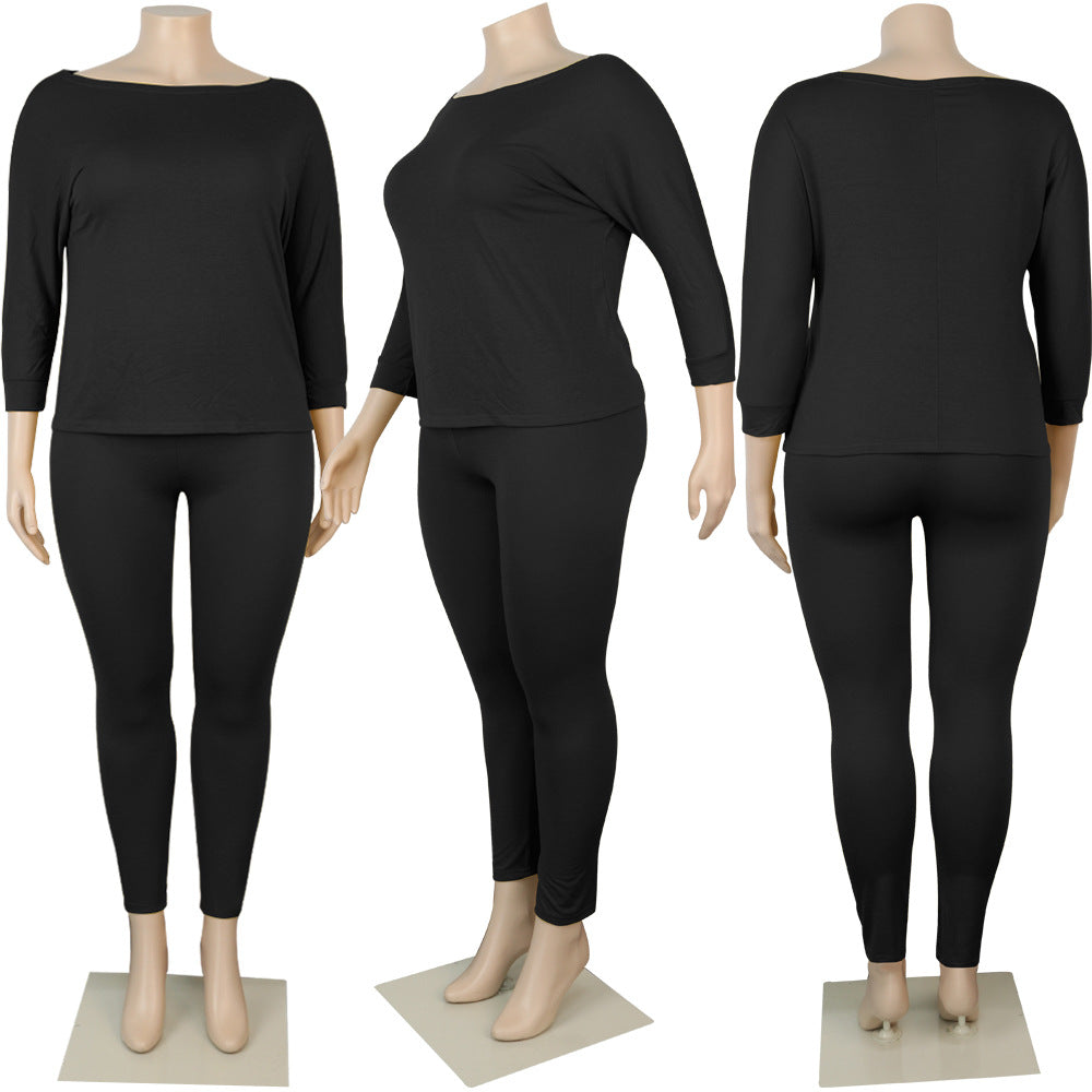 Vintage Style 2 Piece Plus Size Tracksuit Sportswear Suit For Women Off Shoulder T Shirt And Slim Pant Set Casual Elegant