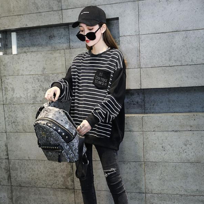 Female Streetwear Sweatshirt Rhinestone Woman Clothing Casual Korean Fashion Pullover Stripe Crewneck Clothes Black Vintage Tops
